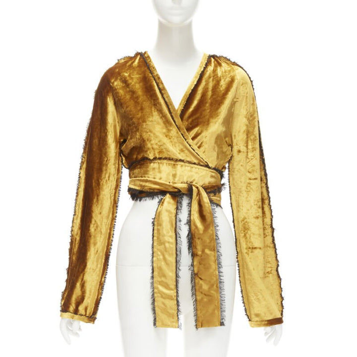 SID NEIGUM gold velvet black frayed seams wrap kimono robe jacket US2 S