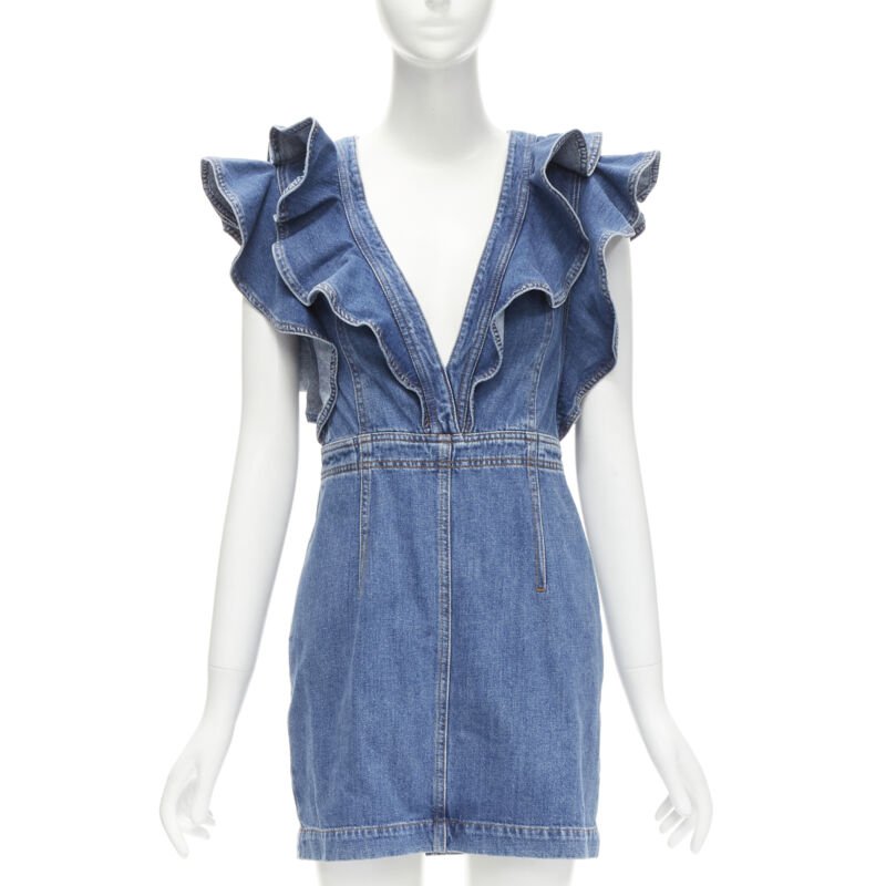PHILOSOPHY DI LORENZO SERAFINI blue denim ruffled plunge neck dress IT38 XS