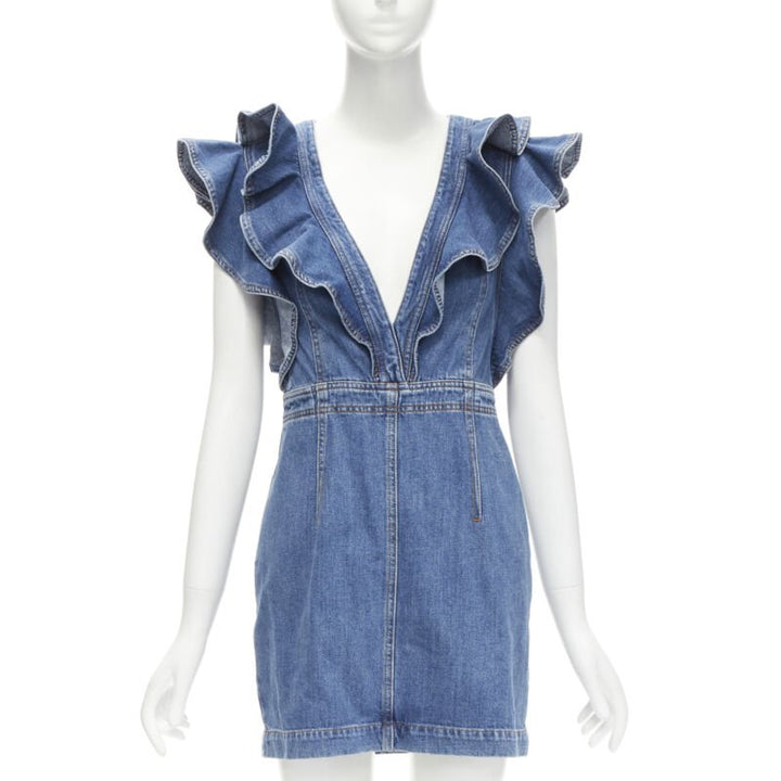 PHILOSOPHY DI LORENZO SERAFINI blue denim ruffled plunge neck dress IT38 XS