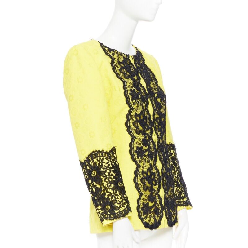 CHRISTIAN LACROIX yellow cotton floral jacquard black lace padded jacket FR40