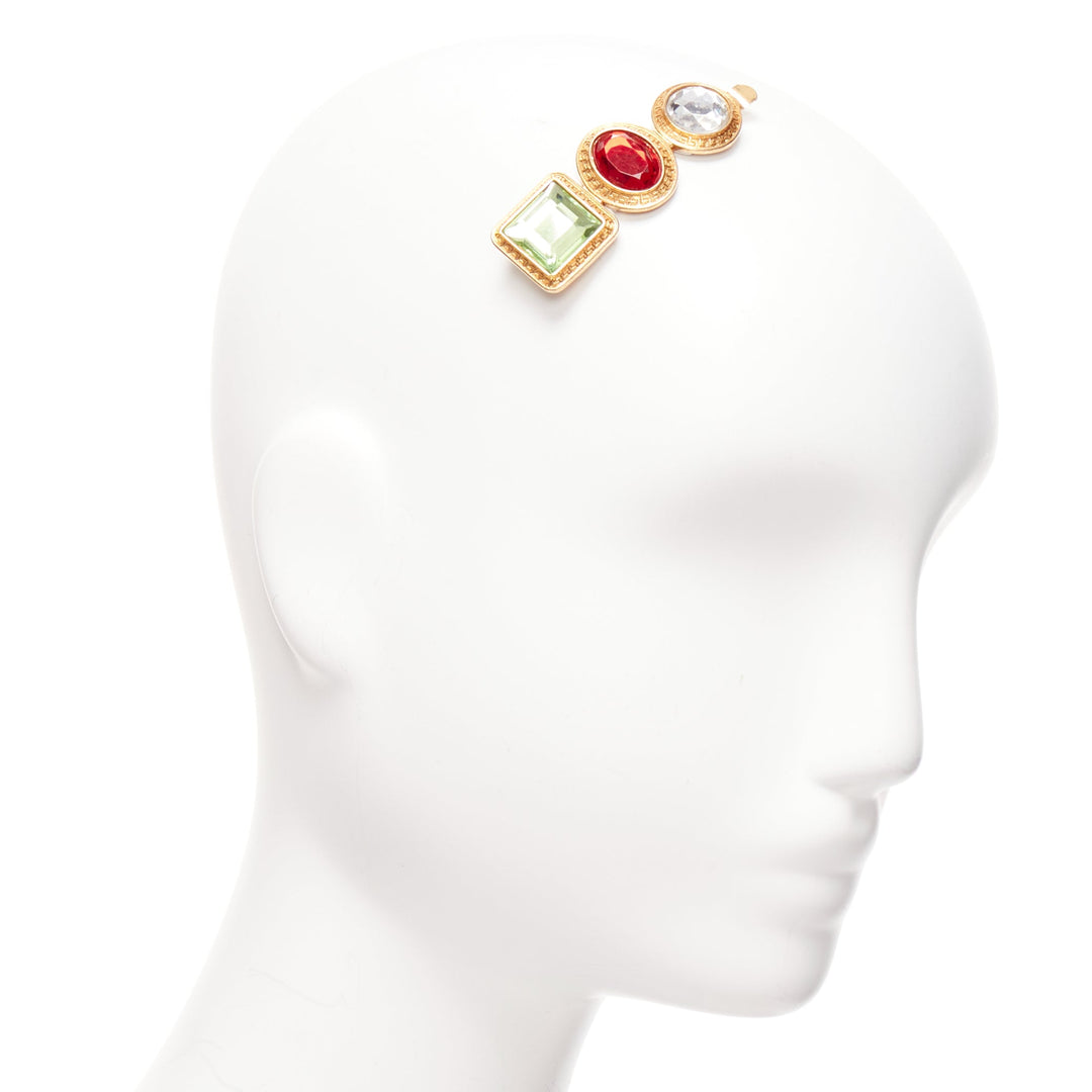 VERSACE green red clear crystal gold baroque jewelled single hairclip