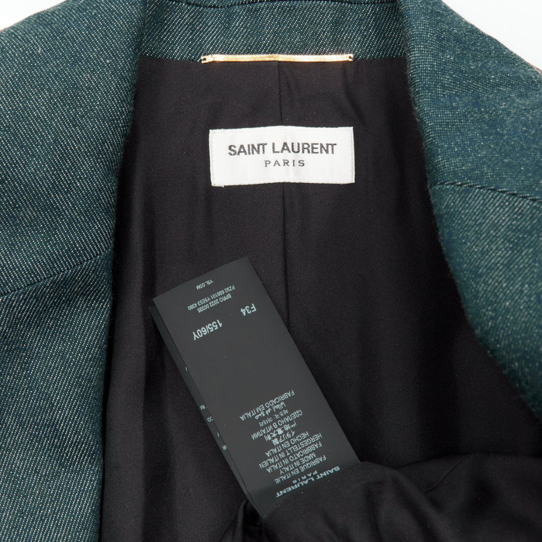 SAINT LAURENT 2022 Runway blue denim pocketed power shoulder jumpsuit FR34 XS