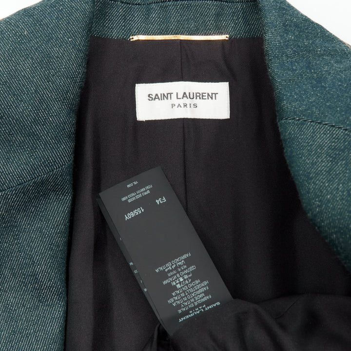 SAINT LAURENT 2022 Runway blue denim pocketed power shoulder jumpsuit FR34 XS