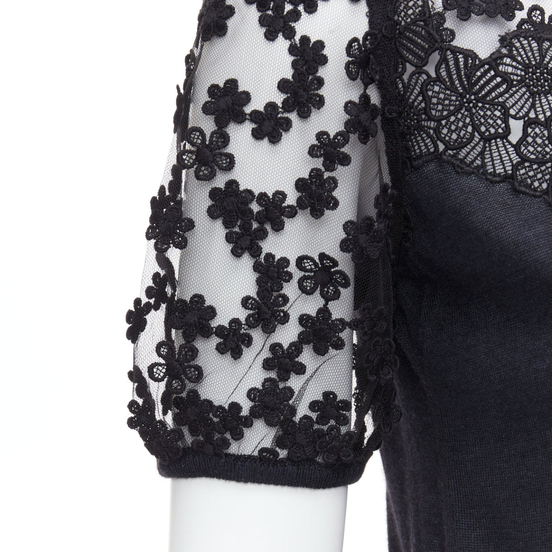 GIAMBATTISTA VALLI black cashmere silk floral sheer lace panel sweater IT38 XS