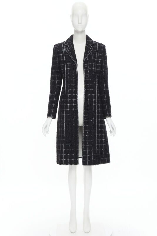 LUISA BECCARIA black silver check glitter tweed embellished long coat IT40 S