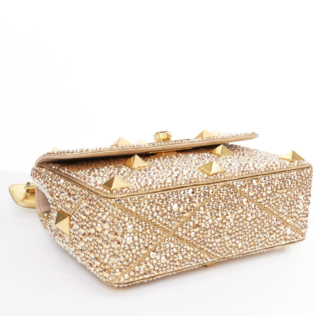 rare VALENTINO Roman Stud Medium gold crystal chain turnlock shoulder bag