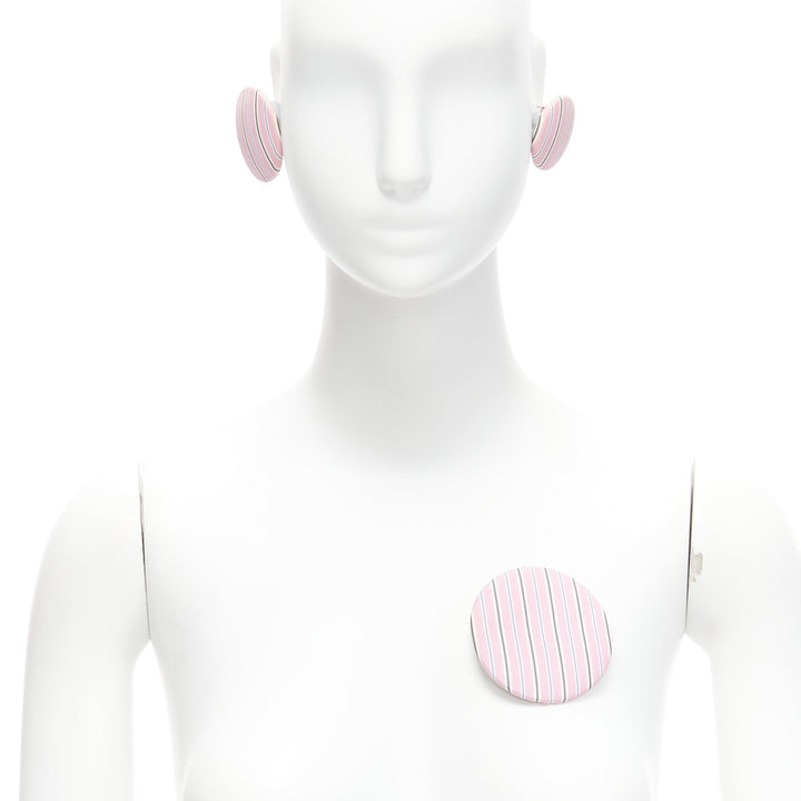 BALENCIAGA pink stripes fabric round badges studs earrings Set 3