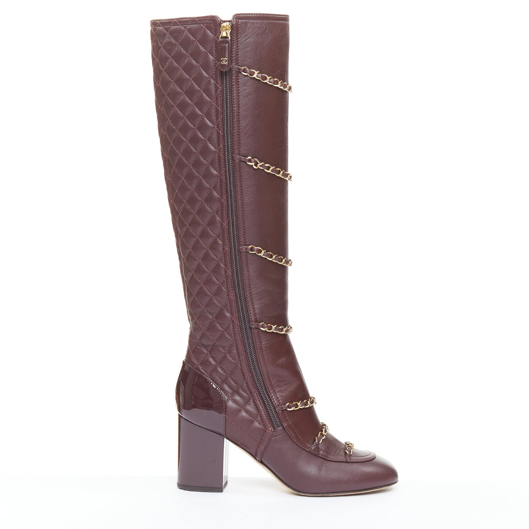 CHANEL 2017 Karl Lagerfeld burgundy lambskin gold chain quilted boots EU36.5