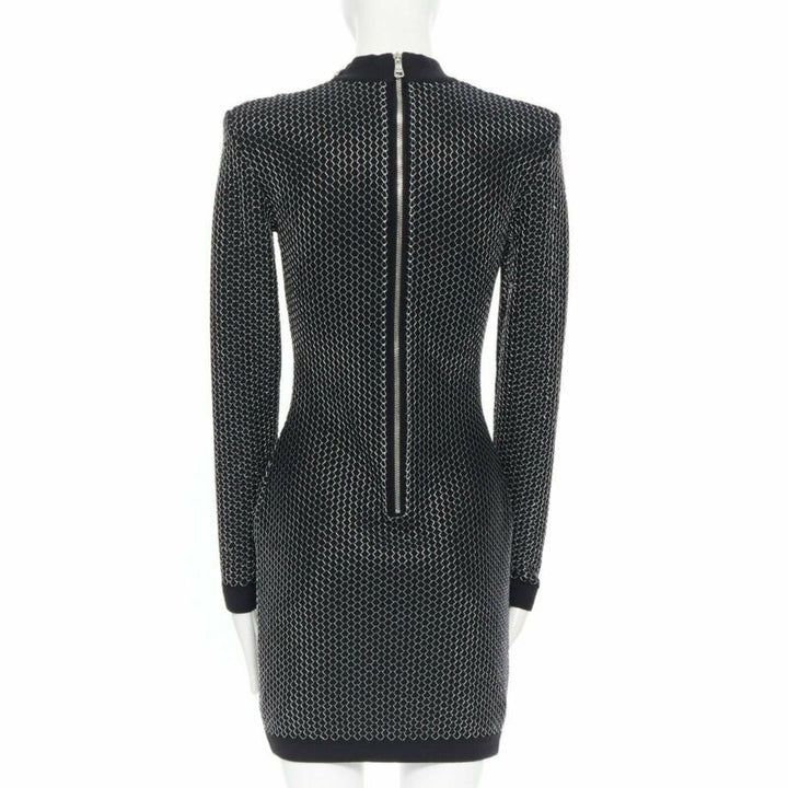 BALMAIN ROUSTEING black silver thread fluffy military button bodycon dress S