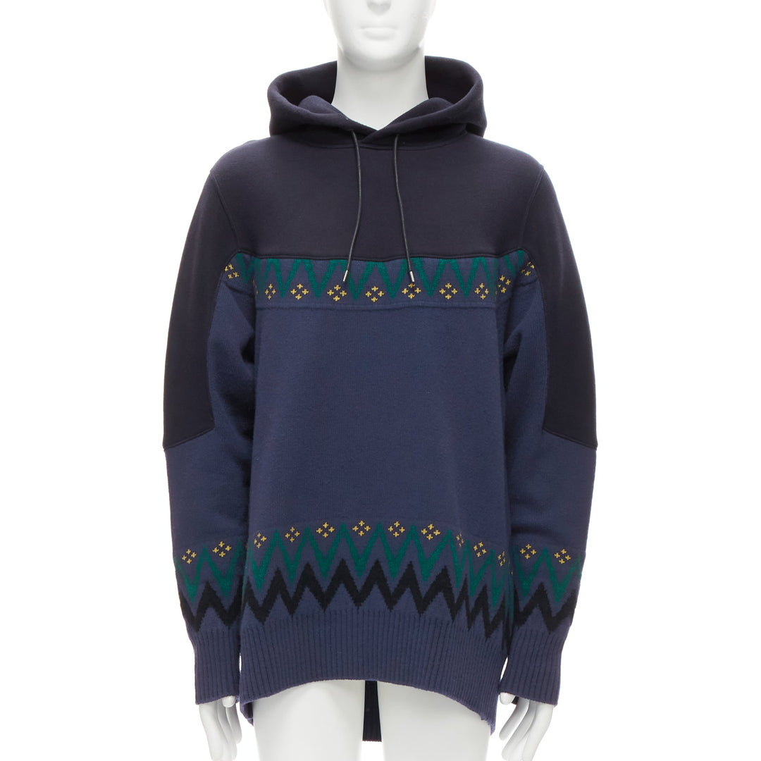SACAI 2018 navy cotton blend fairisle knit sweater hyrid hoodie JP3 L