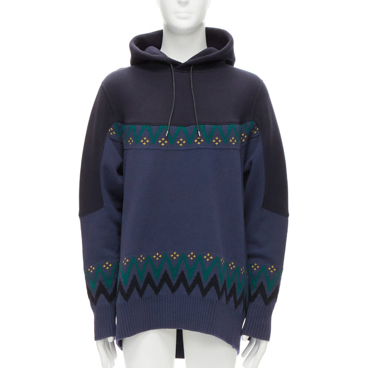 SACAI 2018 navy cotton blend fairisle knit sweater hyrid hoodie JP3 L