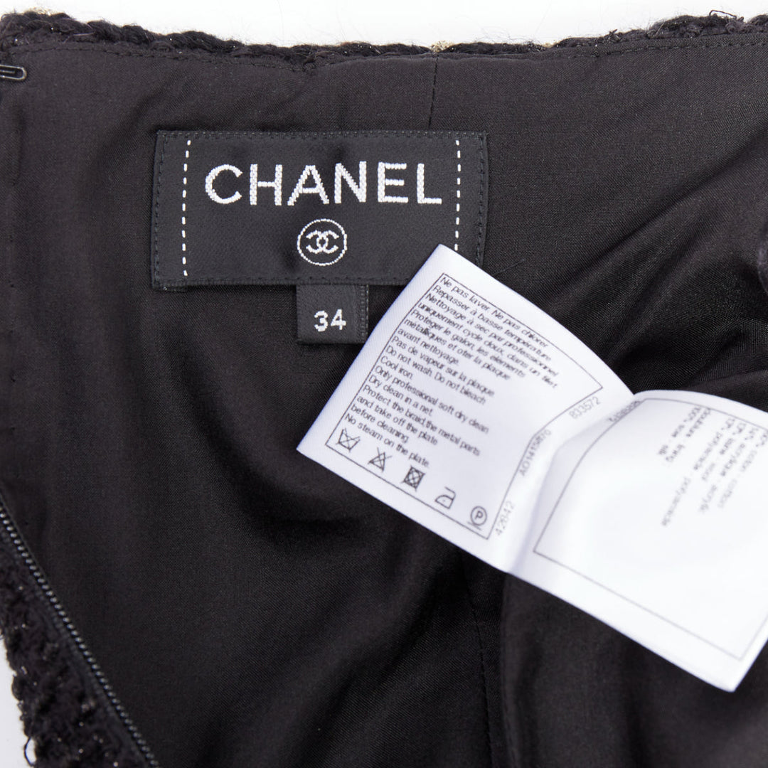 CHANEL 18K black cotton tweed brown gold braided trim tweed skirt FR34 XS