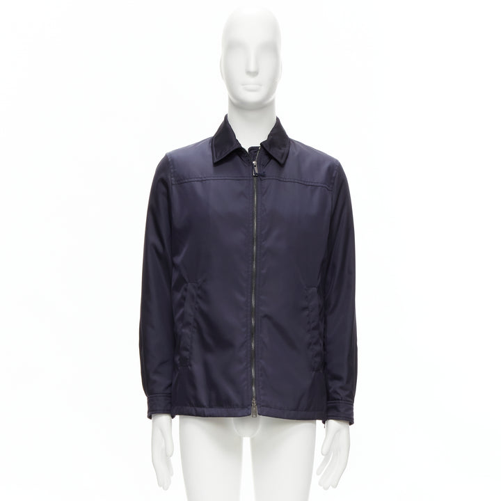 PRADA 2019 navy blue nylon zip front dual pocket minimal jacket IT46 S