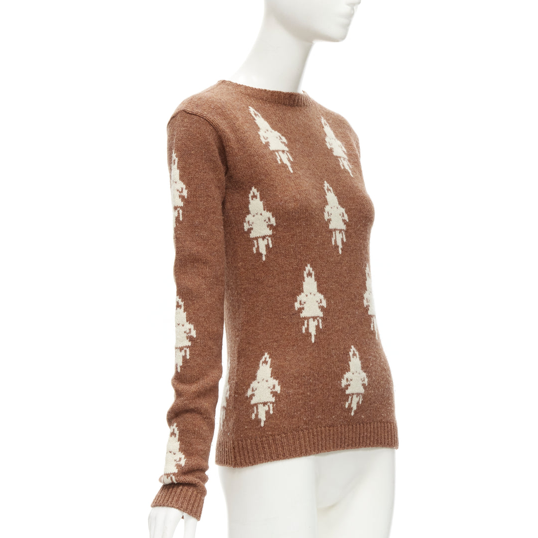 PRADA 2015 100% shetland wool brown rocket intarsia sweater IT36 XXS
