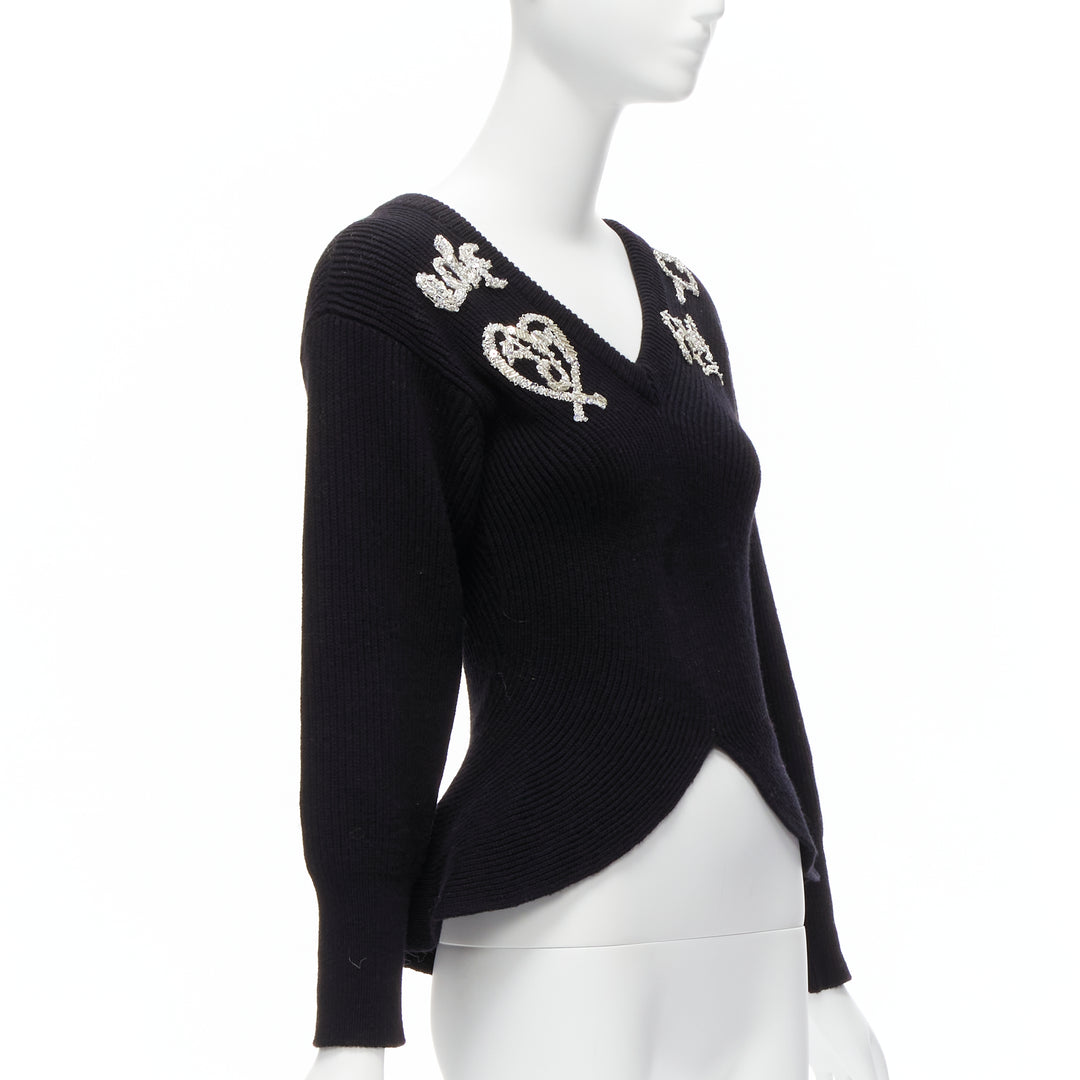 ALEXANDER MCQUEEN 2022 black logo beads embellished peplum ribbed sweater S