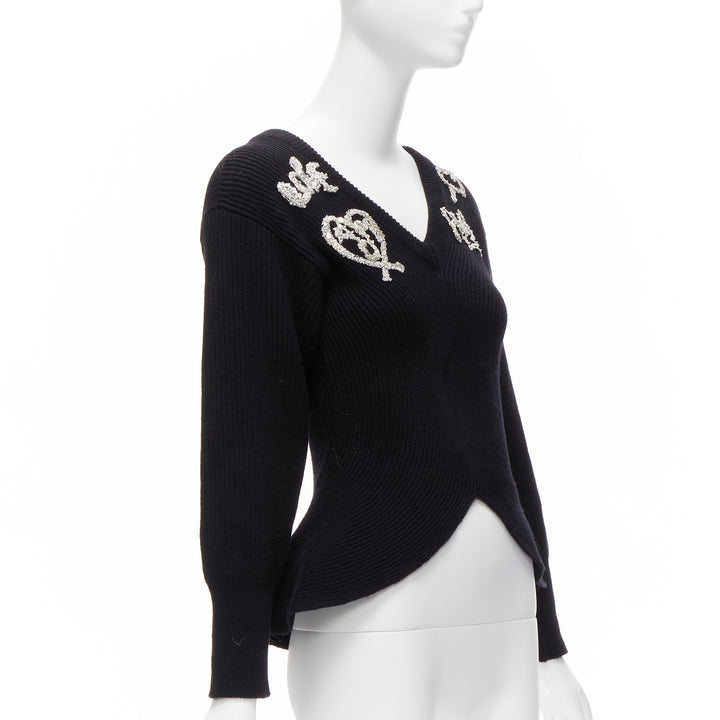 ALEXANDER MCQUEEN 2022 black logo beads embellished peplum ribbed sweater S