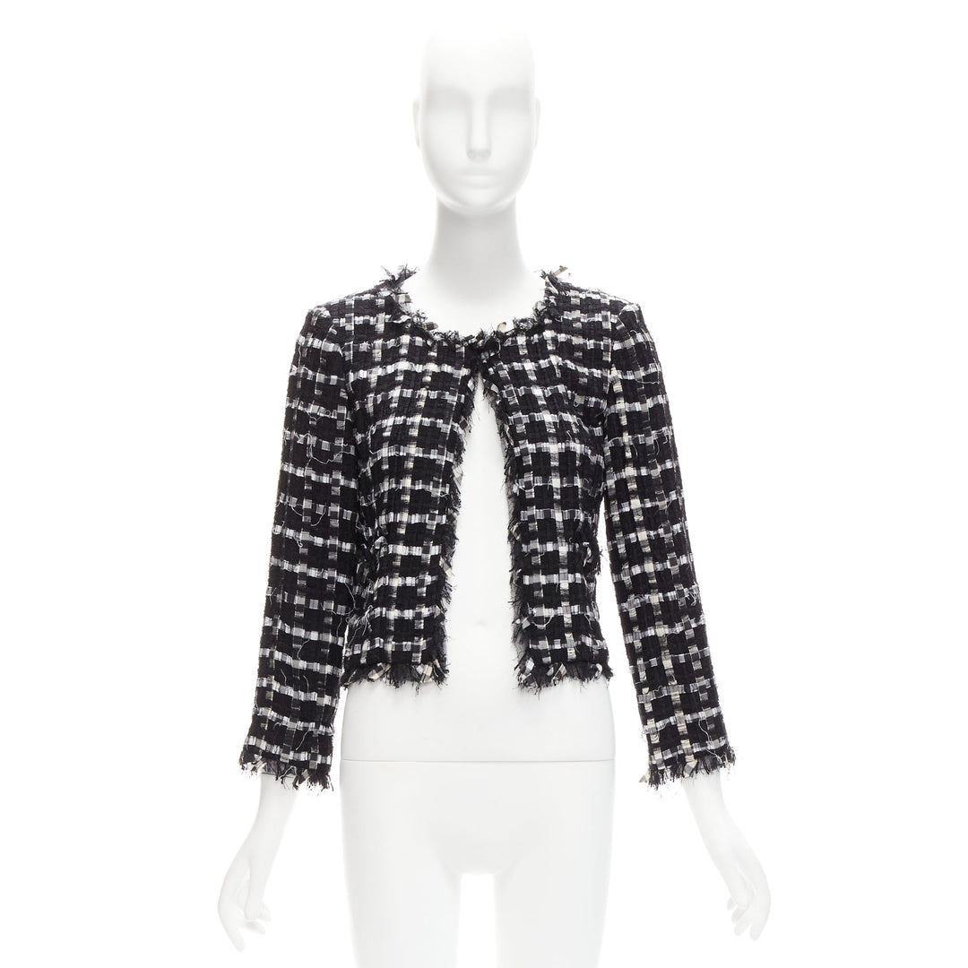 CHANEL black white raw frayed check tweed gripoix buttons cropped jacket FR40 L