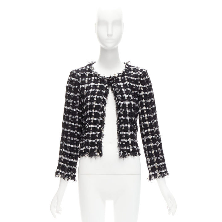 CHANEL black white raw frayed check tweed gripoix buttons cropped jacket FR40 L