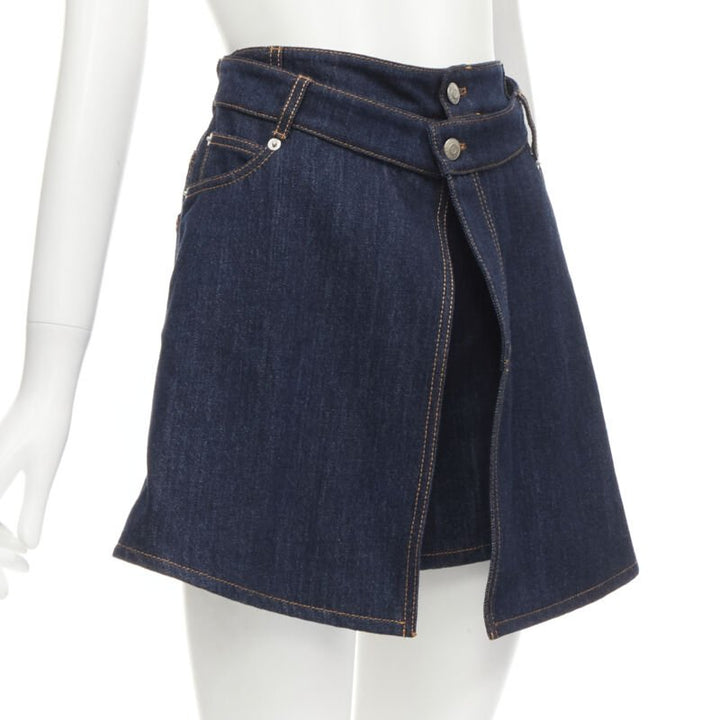 ALEXANDER MCQUEEN blue denim double waistband logo patch layered shorts 24"