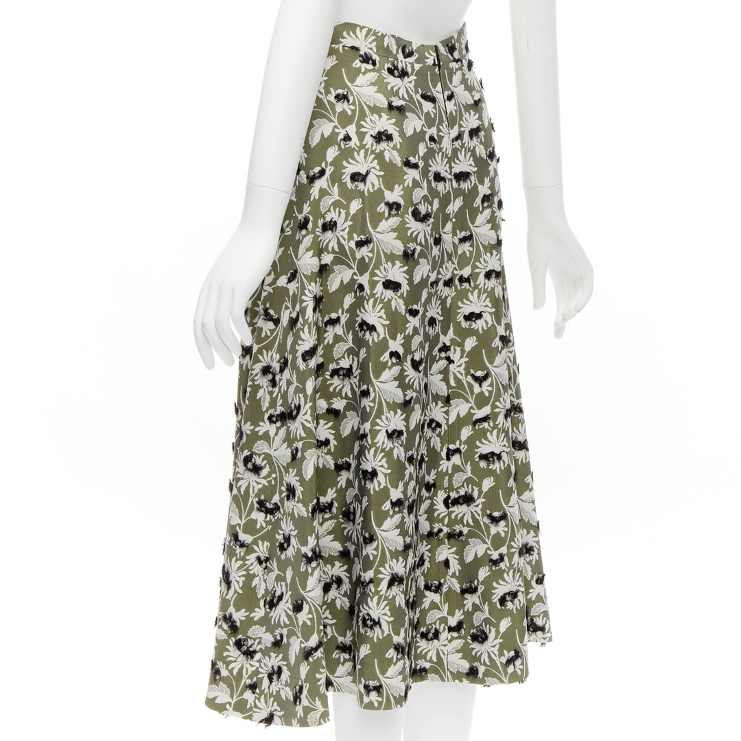 BALENCIAGA 2015 green black fringe embellishment white floral midi skirt FR36 S