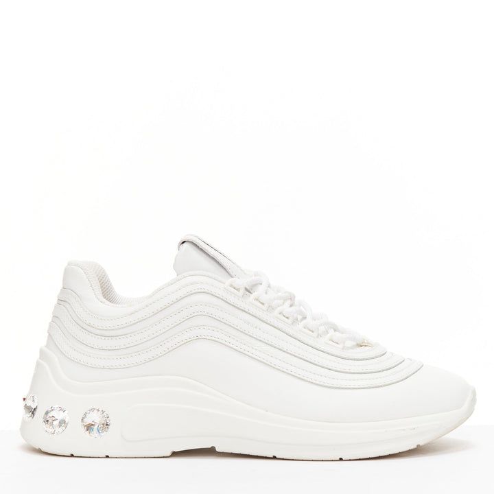 MIU MIU white leather logo tongue clear big crystal heels chunky sneakers EU38