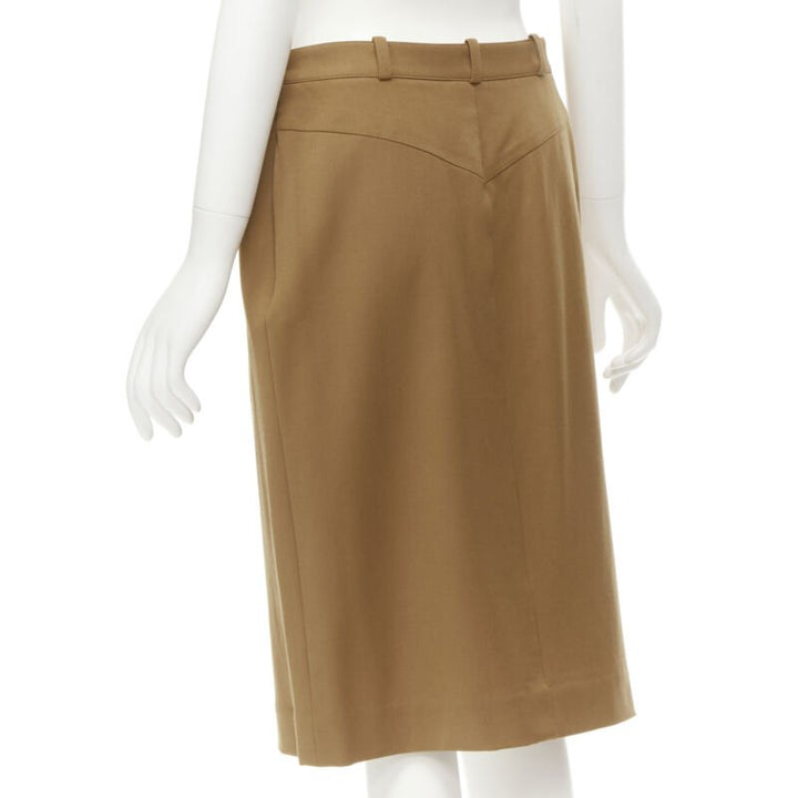 HERMES brown wool blend leather Sellier zipper pocket pencil skirt FR42 L