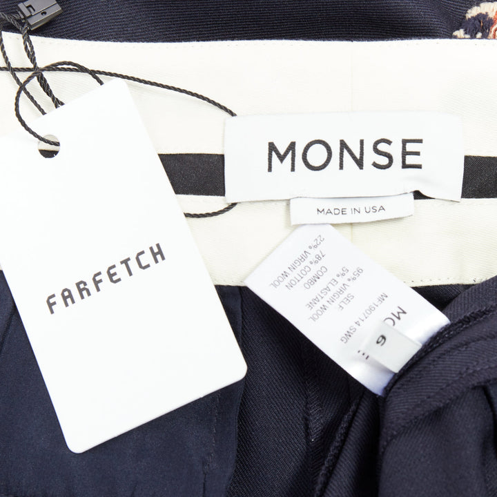 MONSE black virgin wool blend plaid side trim wide trousers US6 M
