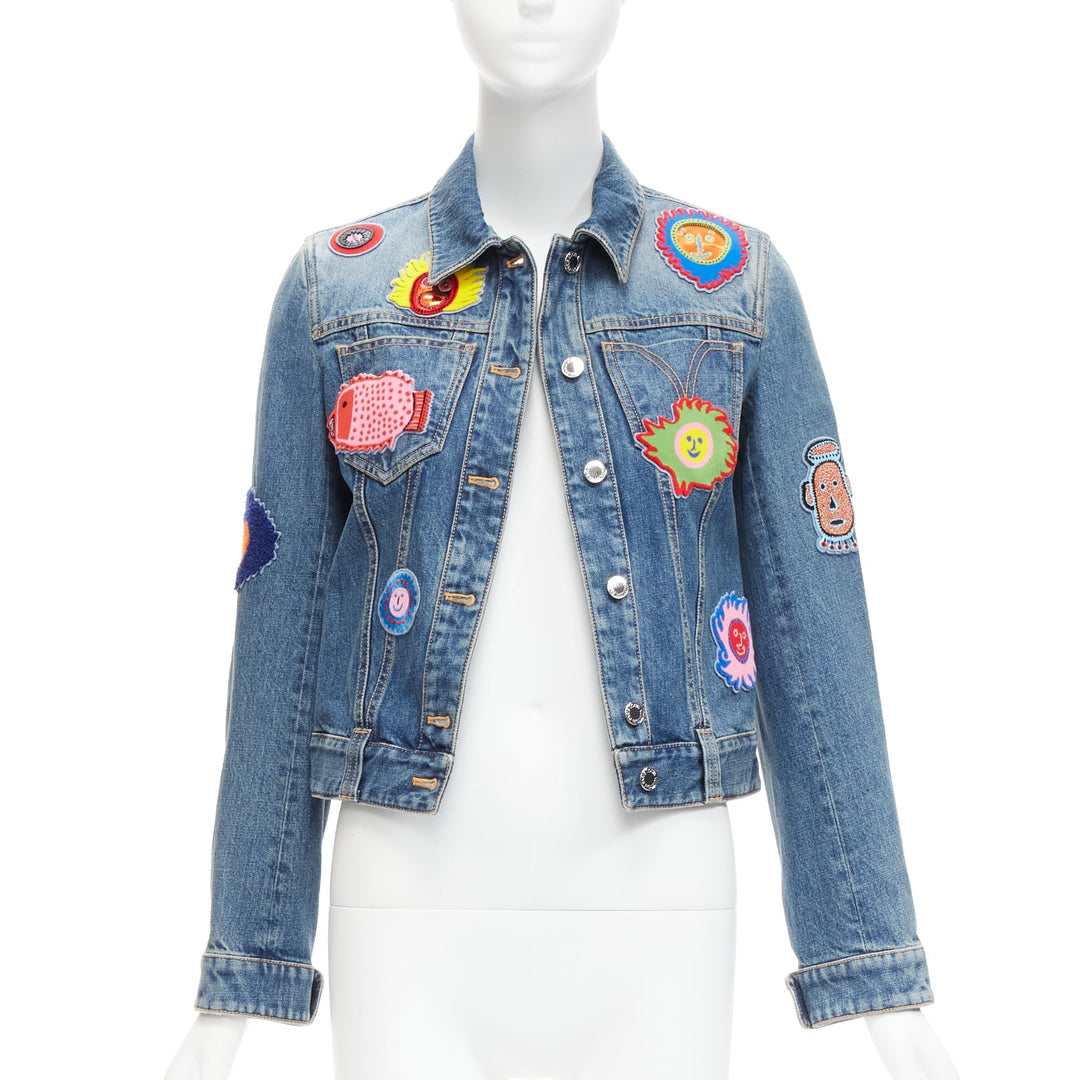 LOUIS VUITTON Yayoi Kusama 2023 Faces leather patch blue denim jacket FR34 XS