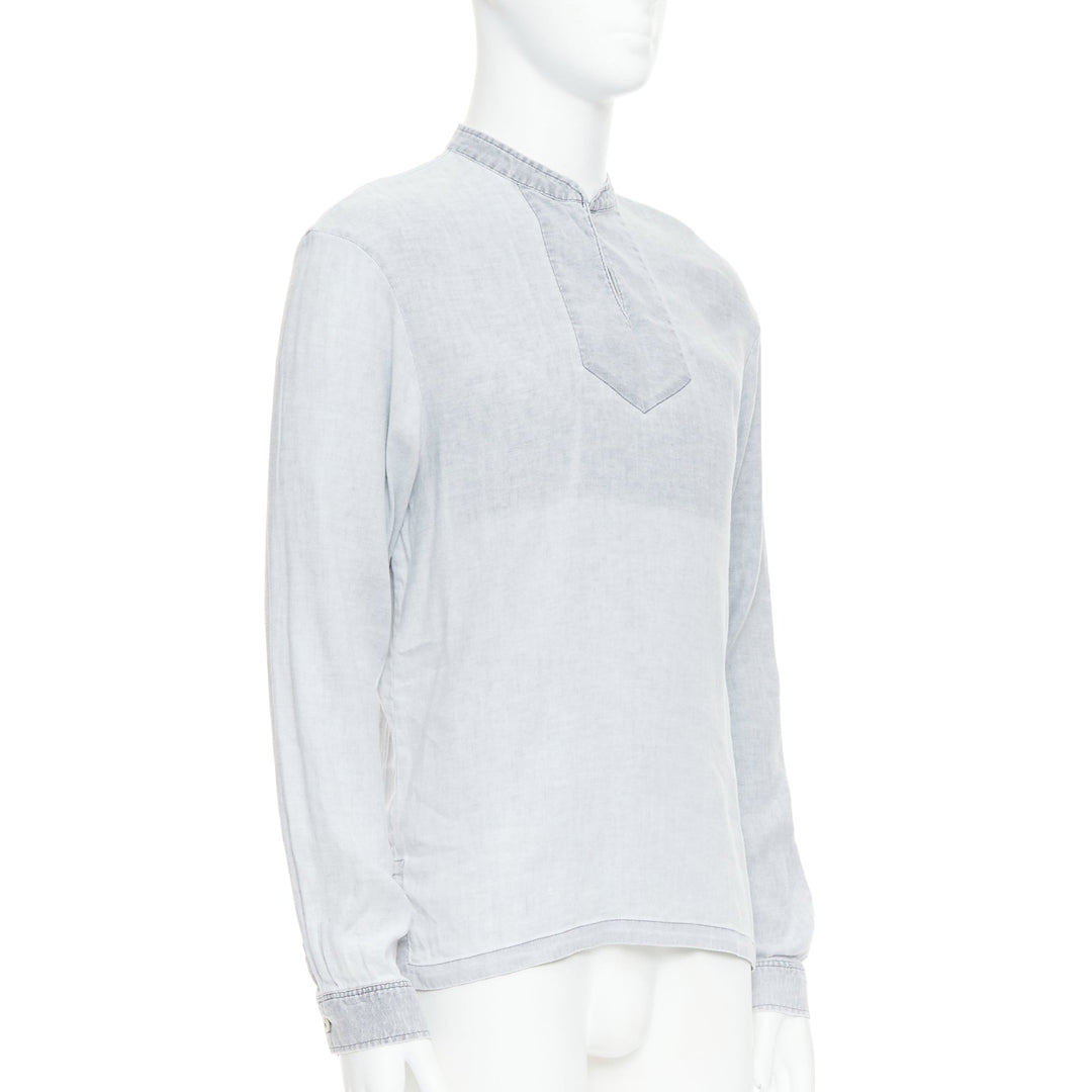 A.P.C. grey linen blend washed distressed slit collar long sleeve shirt S