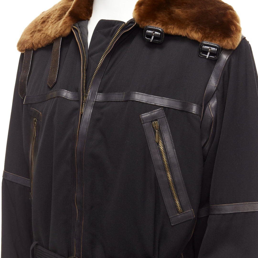 rare JEAN PAUL GAULTIER HOMME black brown faux fur aviator flight jacket IT50 L