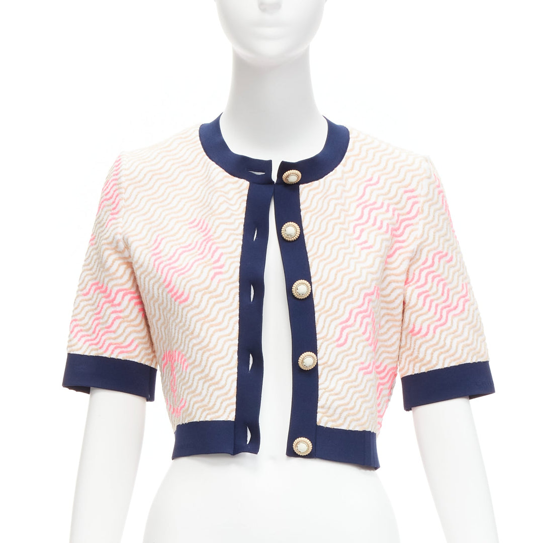 rare CHANEL pink applique logo twirl seashell button cropped cardigan FR38 M