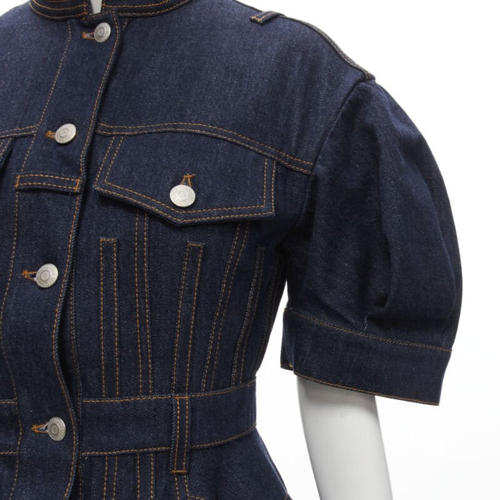 ALEXANDER MCQUEEN 2022 indigo blue denim corset rounded sleeve dress IT38 XS