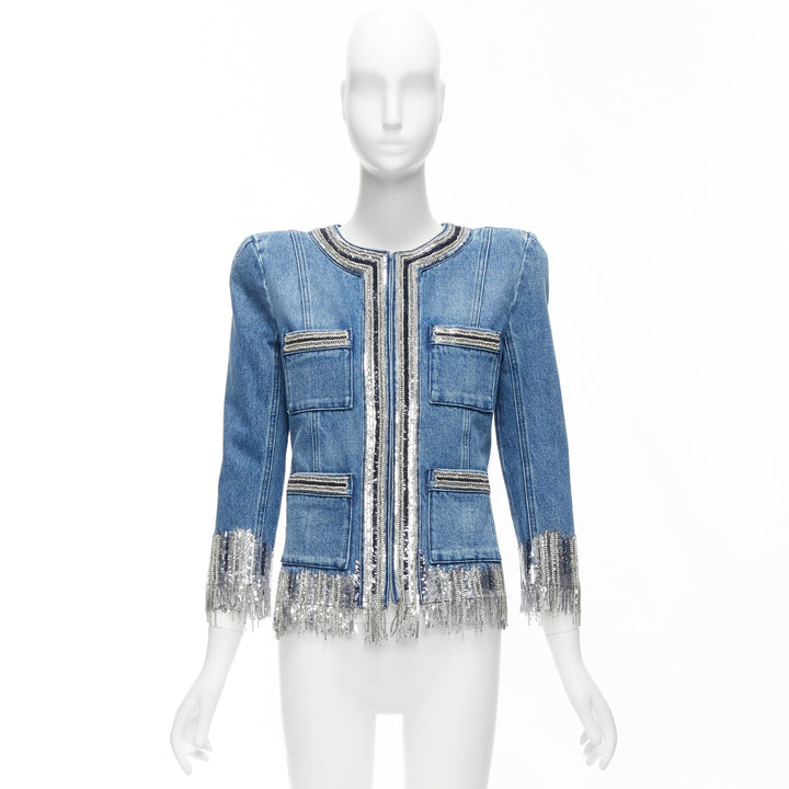 BALMAIN blue washed cotton denim silver crystal embellished trim jacket FR36 S