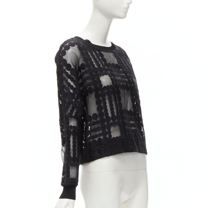 BY MALENE BIRGER black graphic circle embroidery sheer cropped sweater FR36 S