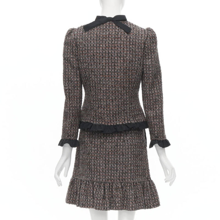RED VALENTINO red grey wool tweed black ruffle trim jacket skirt set