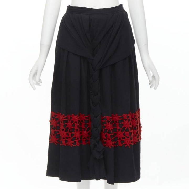 Runway COMME DES GARCONS Vintage 1988 black wool braid red embroidery skirt M
