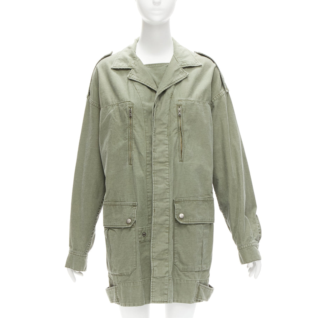 LIMI FEU washed green cotton zip back pocketed utility parka coat S