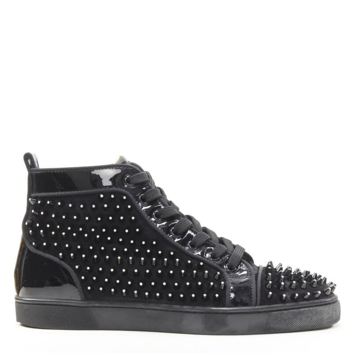 CHRISTIAN LOUBOUTIN Louis black velvet crystal spike stud high top sneaker EU41