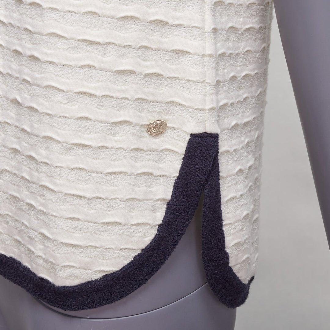 CHANEL cream cotton blend navy towelling trim CC logo knitted vest FR38 M