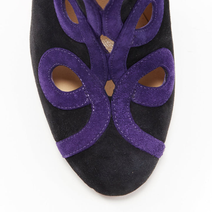 CHRISTIAN LOUBOUTIN black suede purple swirl cut out high heel ankle bootie EU36
