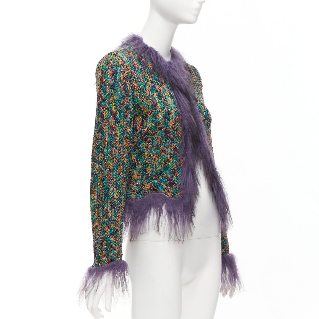 rare EMANUEL UNGARO purple faux fur trim green speckled tweed jacket IT38 XS