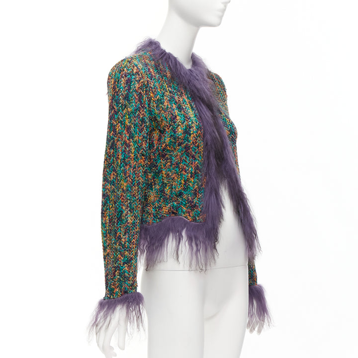 rare EMANUEL UNGARO purple faux fur trim green speckled tweed jacket IT38 XS