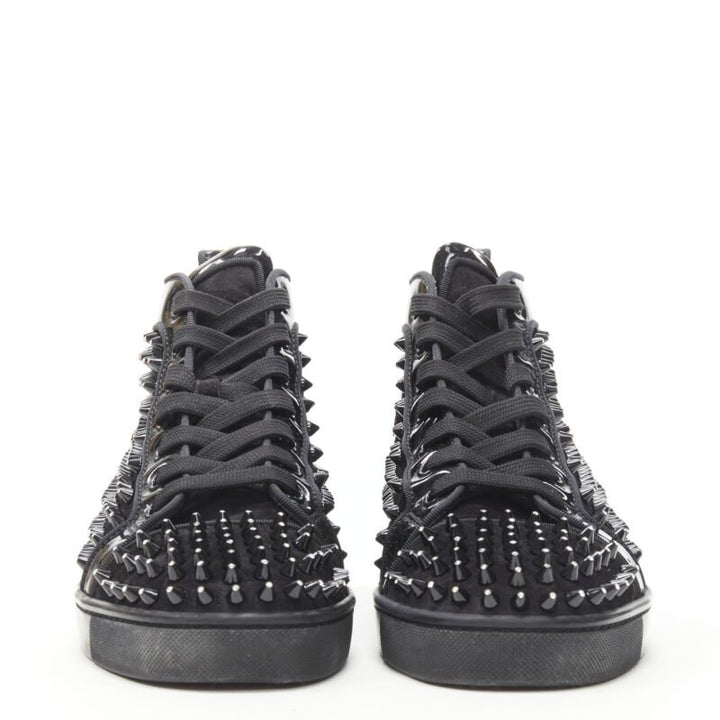 CHRISTIAN LOUBOUTIN Louis black velvet crystal spike stud high top sneaker EU41