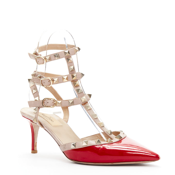 VALENTINO Rockstud red patent leather gold stud caged pump EU38