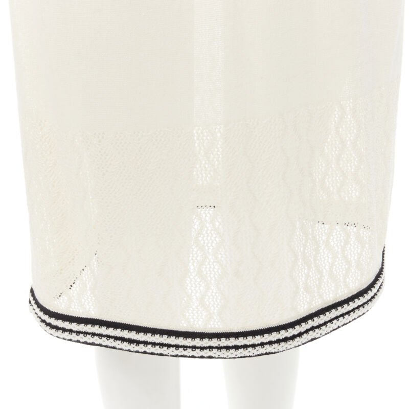 CHANEL cream beige 4-pocket black CC crochet knit midi dress FR38 S