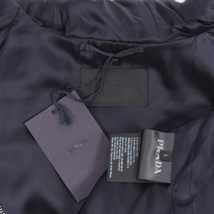 PRADA 2019 navy blue wool triangle pocket cropped zip up hoodie jacket L