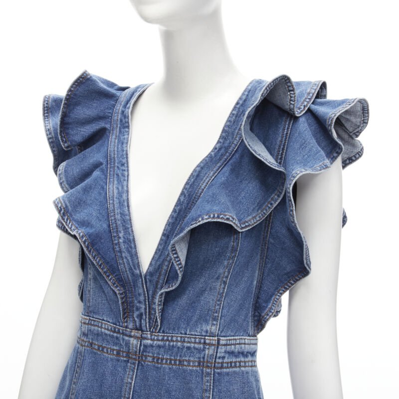 PHILOSOPHY DI LORENZO SERAFINI blue denim ruffled plunge neck dress IT38 XS