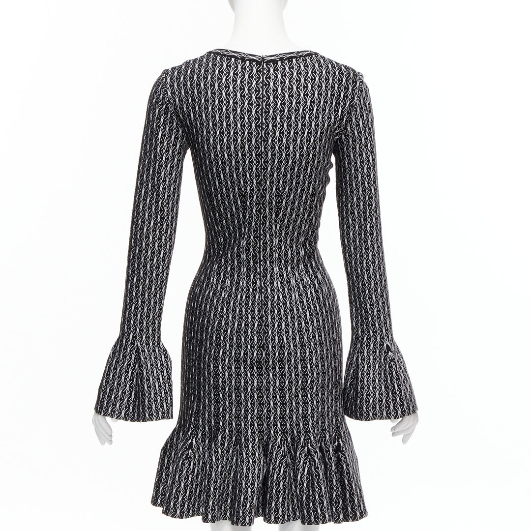 ALAIA black white wool jacquard square neck flared hem cocktail dress FR38 M