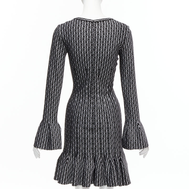 ALAIA black white wool jacquard square neck flared hem cocktail dress FR38 M