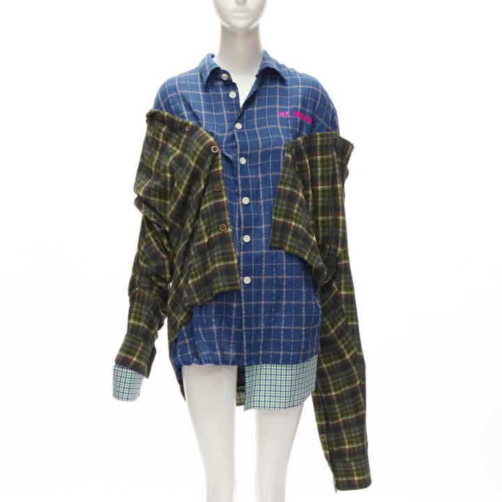 NATASHA ZINKO pink logo blue green trio deconstructed grunge plaid shirt FR34 XS